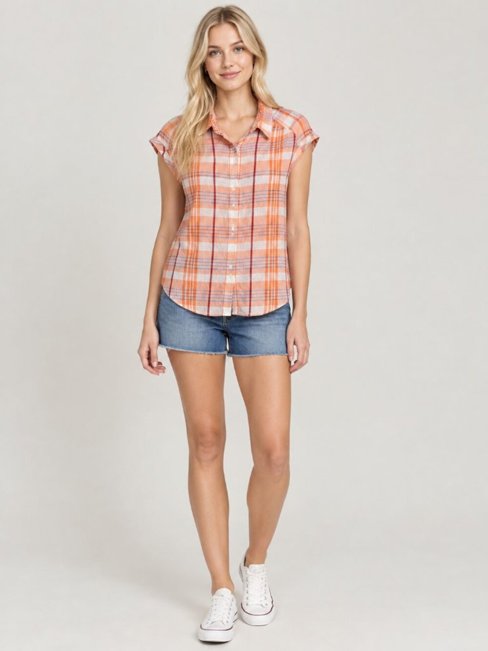 Lucky Brand Plaid Cap Sleeve Button-Down Shirt Orange Coral Small #A4522